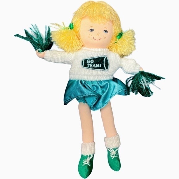 Vintage Russ Berrie Cheerleader Doll Blonde Hair Green White Hanging Plush 7” - Picture 2 of 12